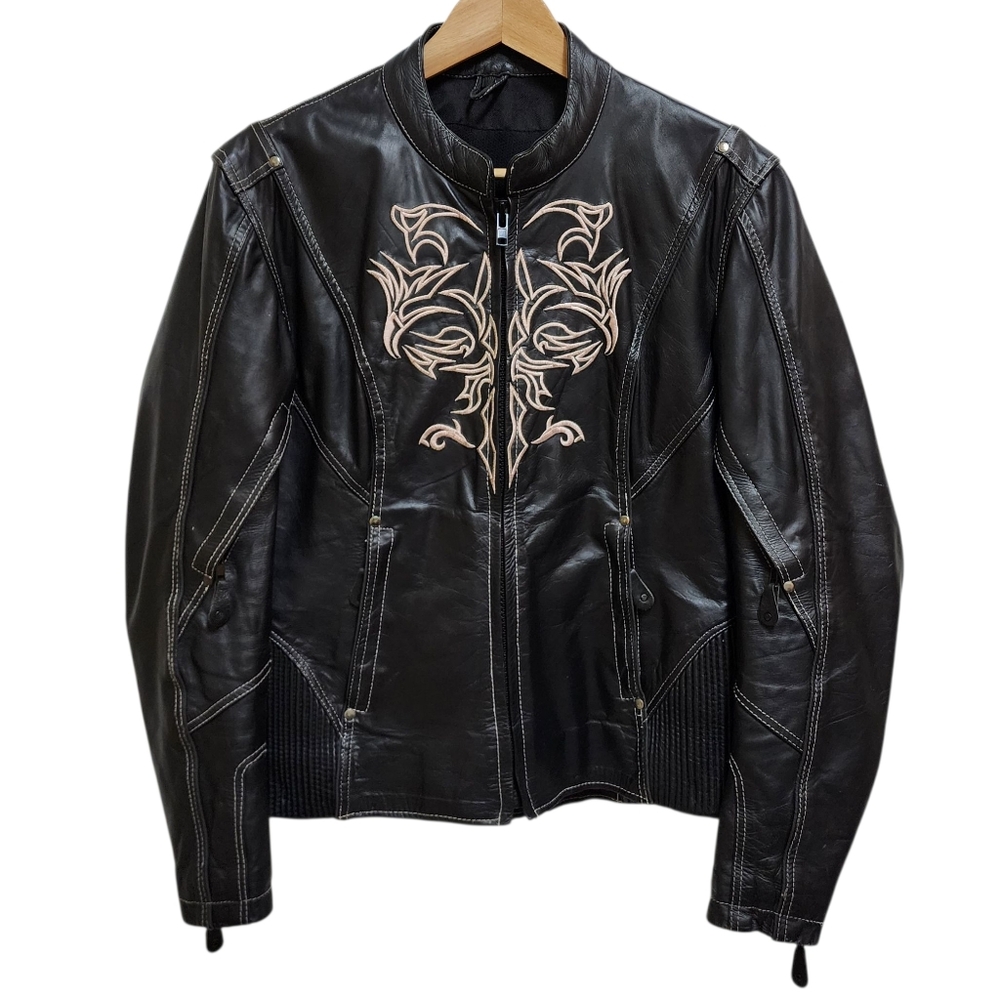 Milwaukee Leather Jacket Womens M Black Beige Embroidered Biker Moto Conceal Zip